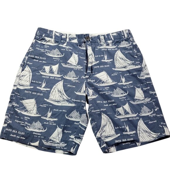 J.Crew Chino Shorts Men's 32 Blue Boats All Over Print Flat Front Preppy - Picture 1 of 7